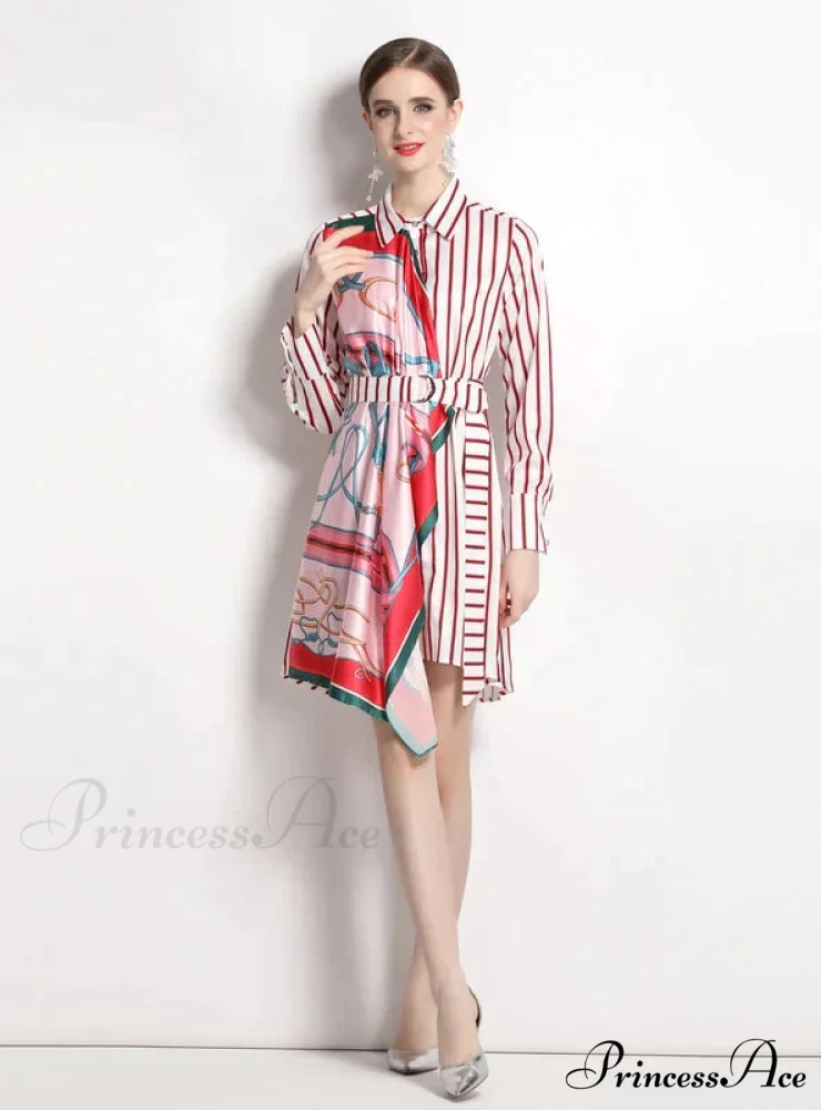 Long-Sleeved Striped Irregular Shirt Dress - Image 7