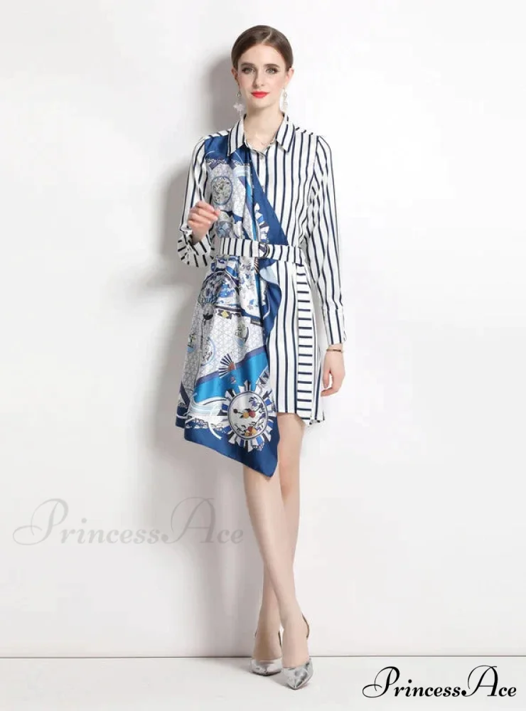 Long-Sleeved Striped Irregular Shirt Dress - Image 9
