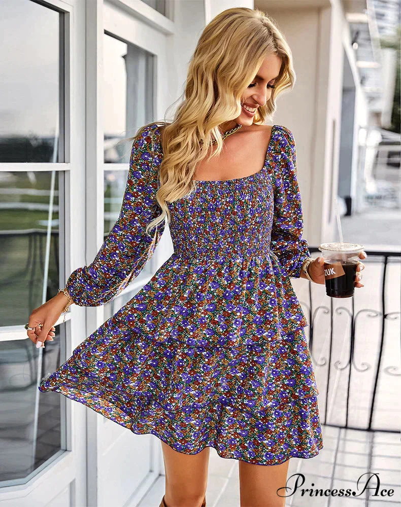Square Neck Long Sleeve Printed Dress - Image 2