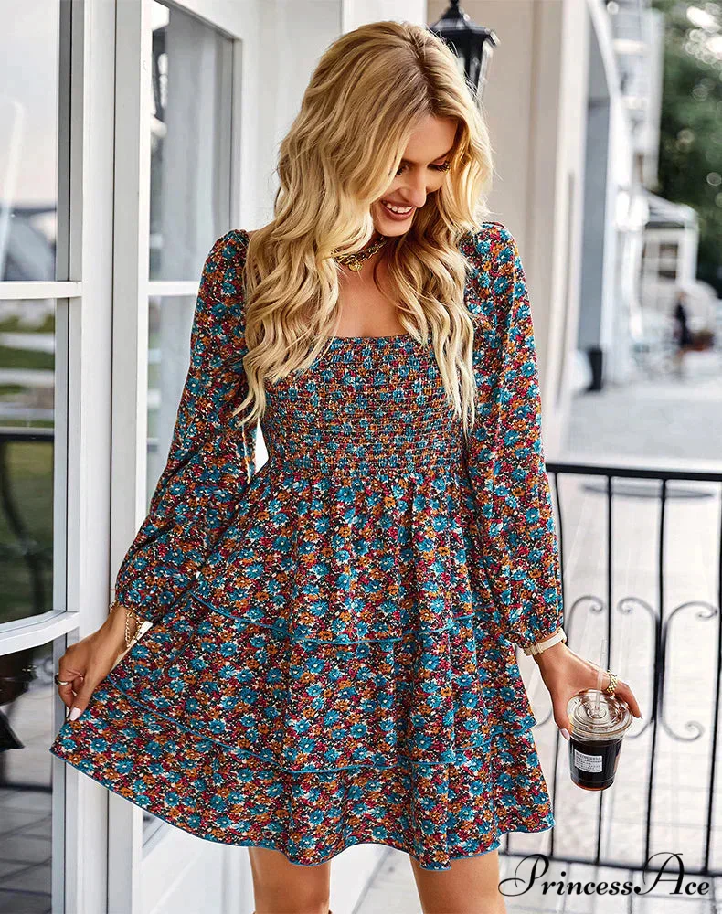 Square Neck Long Sleeve Printed Dress - Image 4