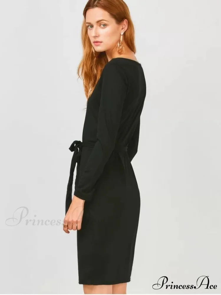Elegant Long Sleeve Button Up Slit Sheath Dress - Image 2
