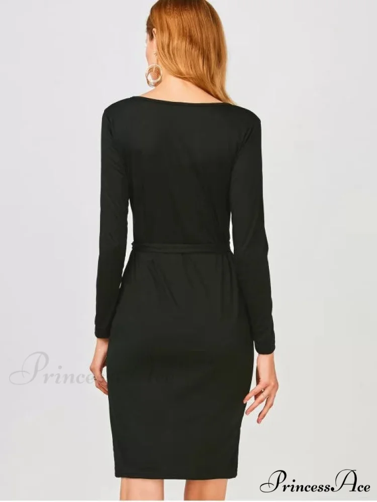 Elegant Long Sleeve Button Up Slit Sheath Dress - Image 3