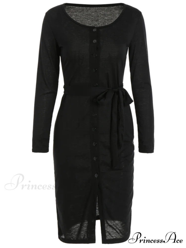 Elegant Long Sleeve Button Up Slit Sheath Dress - Image 4