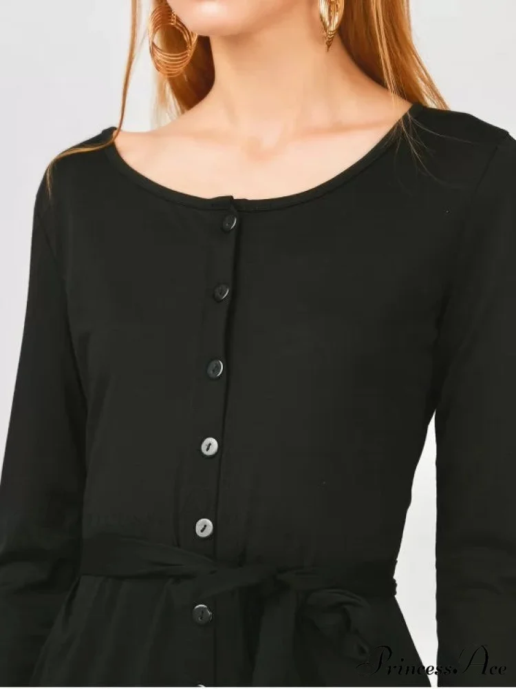 Elegant Long Sleeve Button Up Slit Sheath Dress - Image 5