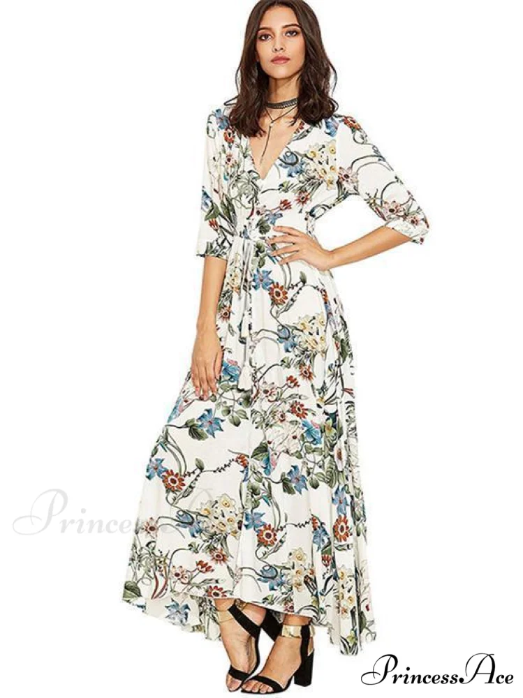 Bohemia Floral Printed V Neck Maxi Dress for Summer Beach - Image 3