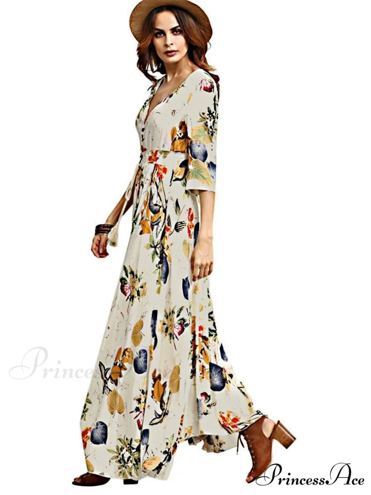 Bohemia Floral Printed V Neck Maxi Dress for Summer Beach - Image 4