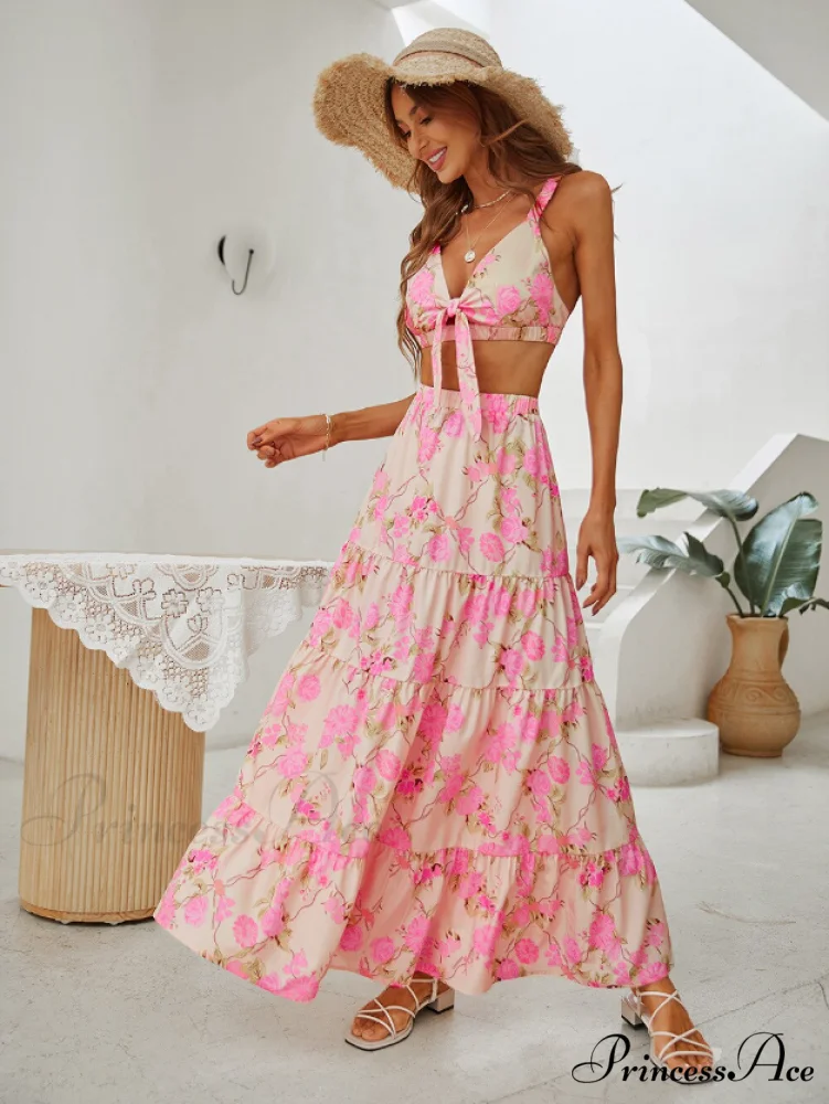 Boho Floral Print Skirt Set with V Neck Crop Top and High Waist Long Skirt for Summer - Image 2