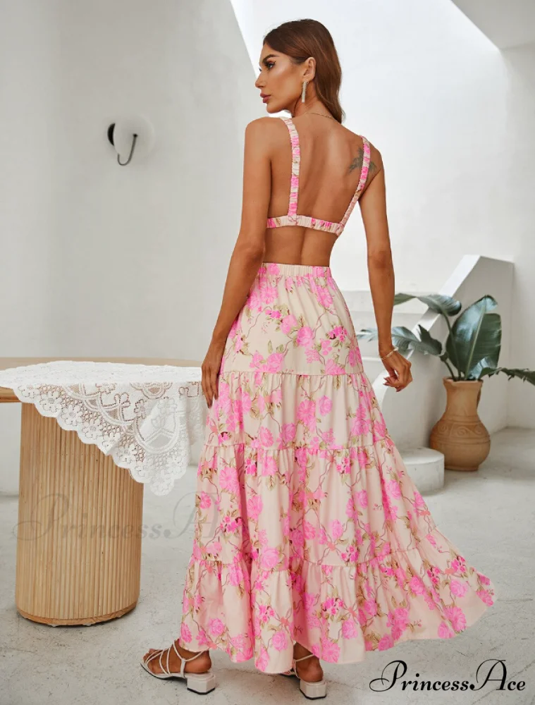 Boho Floral Print Skirt Set with V Neck Crop Top and High Waist Long Skirt for Summer - Image 5