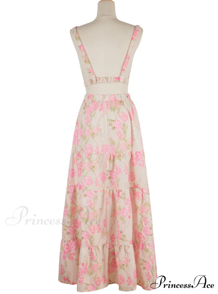 Boho Floral Print Skirt Set with V Neck Crop Top and High Waist Long Skirt for Summer - Image 7