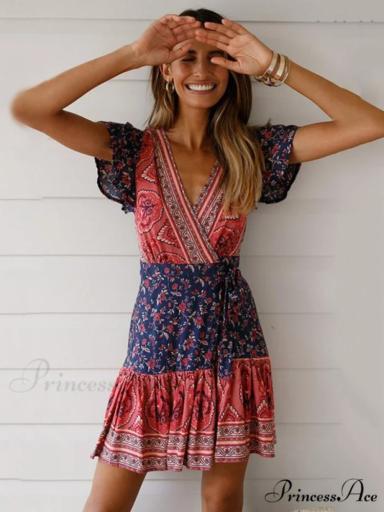Chiffon Printed Belted V-Neck Mini Dress for Summer - Image 2