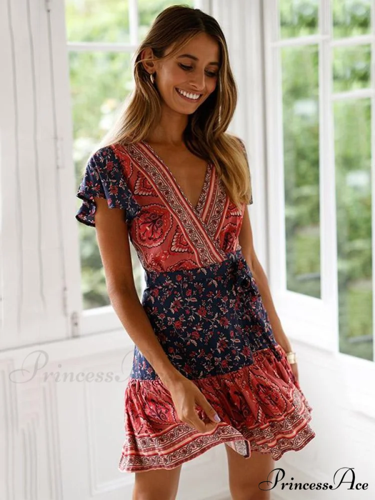 Chiffon Printed Belted V-Neck Mini Dress for Summer - Image 4