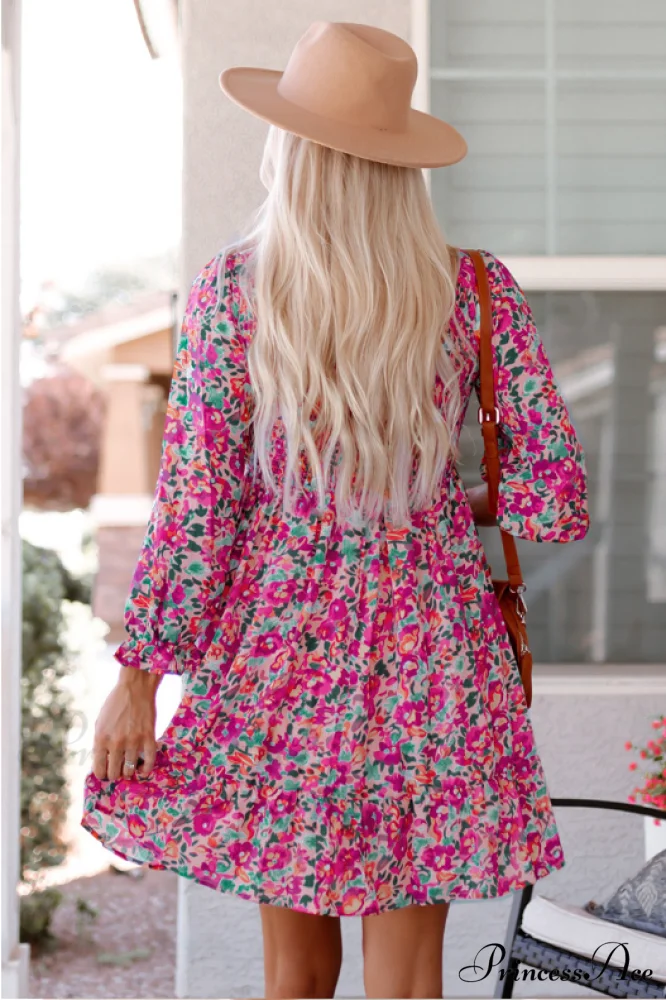 V Neck Pleated Waist Slim Long Sleeve Floral Dress - Image 3