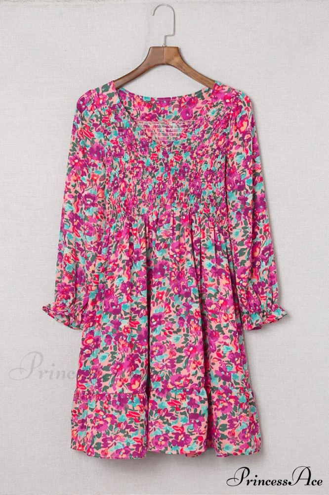 V Neck Pleated Waist Slim Long Sleeve Floral Dress - Image 4