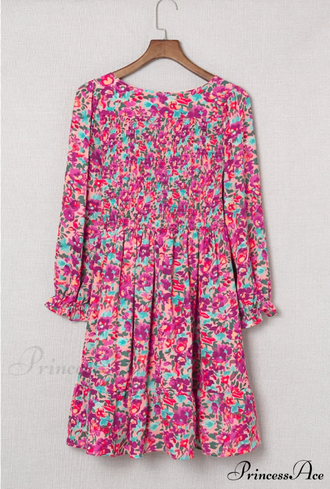 V Neck Pleated Waist Slim Long Sleeve Floral Dress - Image 5