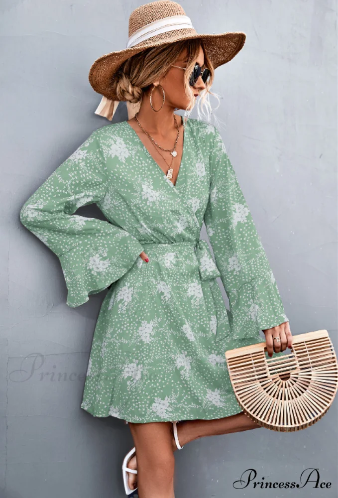 V-Neck Flared Sleeve Printed Strap Dress - Image 10