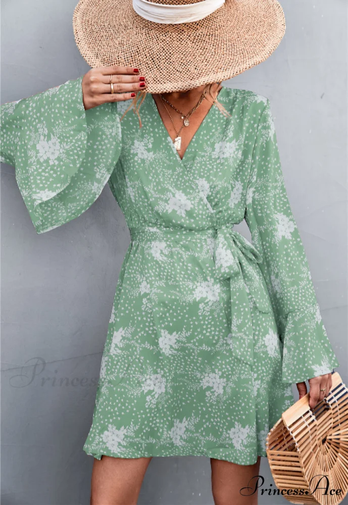 V-Neck Flared Sleeve Printed Strap Dress - Image 12