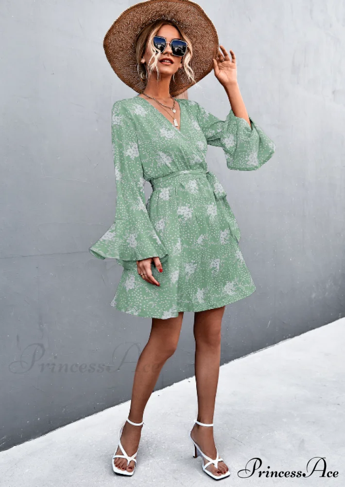 V-Neck Flared Sleeve Printed Strap Dress - Image 13