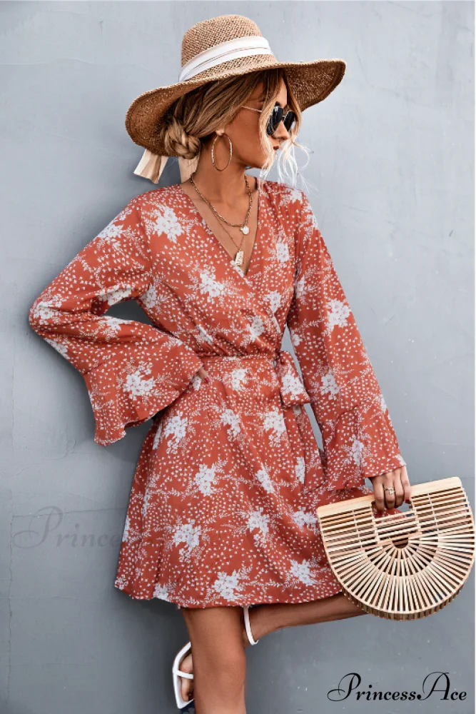 V-Neck Flared Sleeve Printed Strap Dress - Image 2