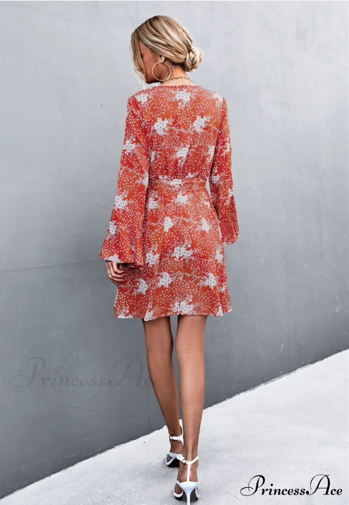 V-Neck Flared Sleeve Printed Strap Dress - Image 4