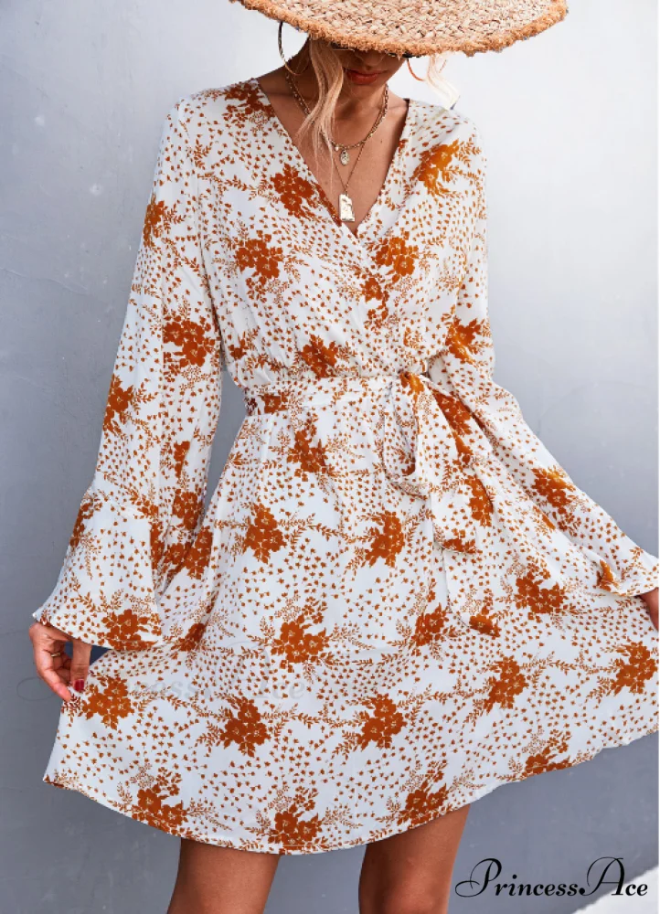 V-Neck Flared Sleeve Printed Strap Dress - Image 6