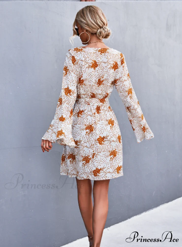 V-Neck Flared Sleeve Printed Strap Dress - Image 7
