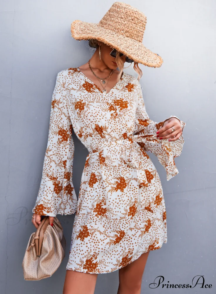 V-Neck Flared Sleeve Printed Strap Dress - Image 8