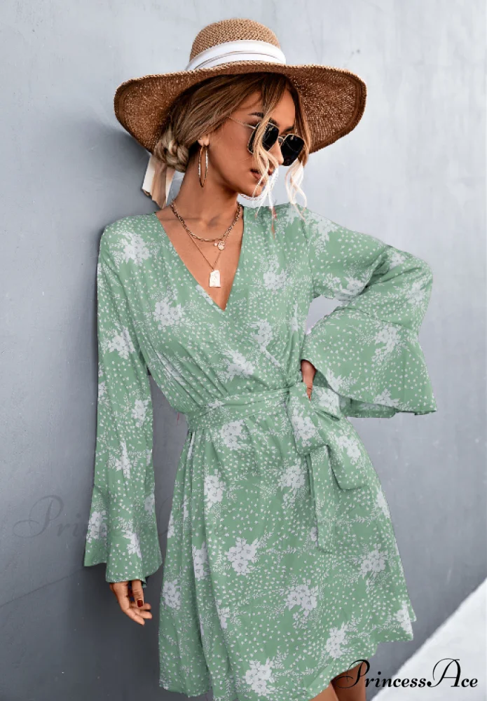V-Neck Flared Sleeve Printed Strap Dress - Image 9