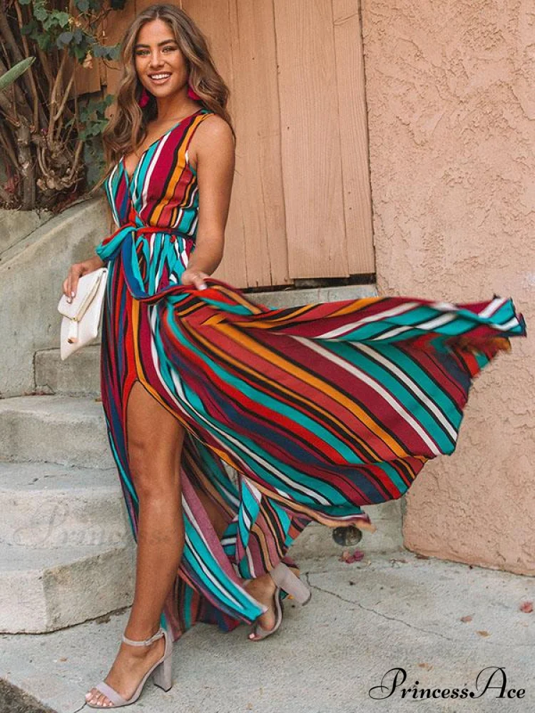 Striped Sleeveless Maxi Dress with Split-Side - Image 2