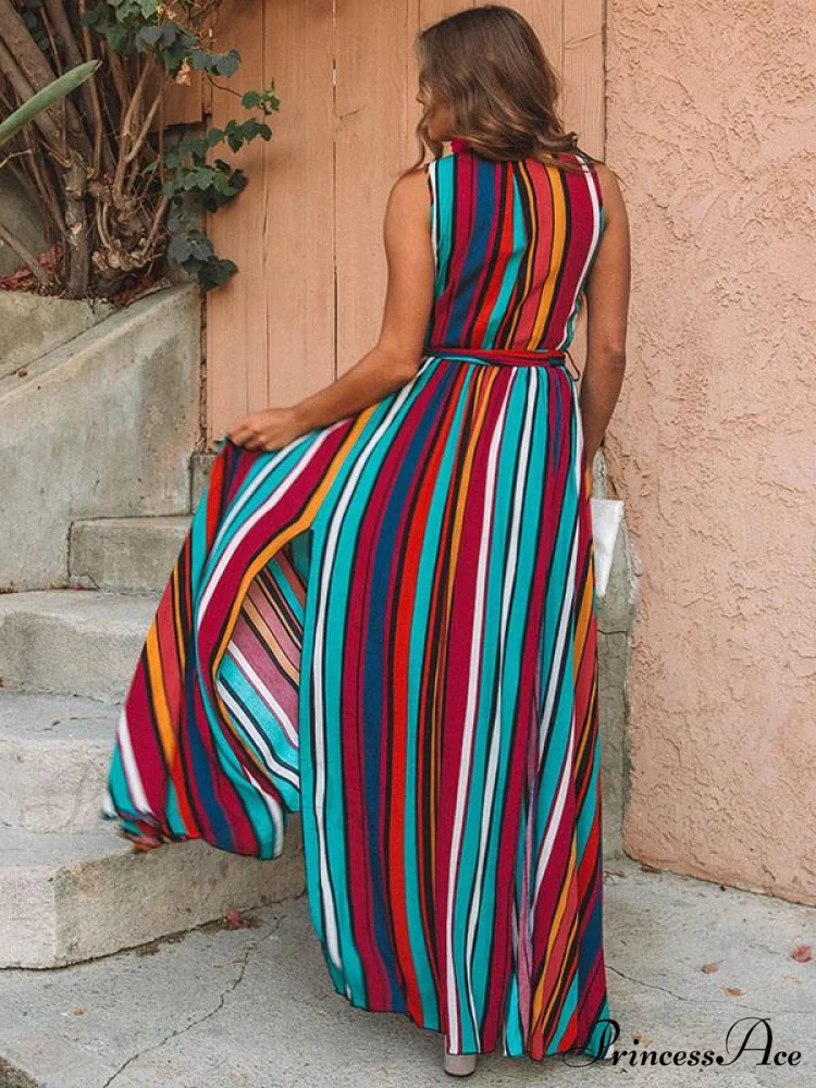 Striped Sleeveless Maxi Dress with Split-Side - Image 3