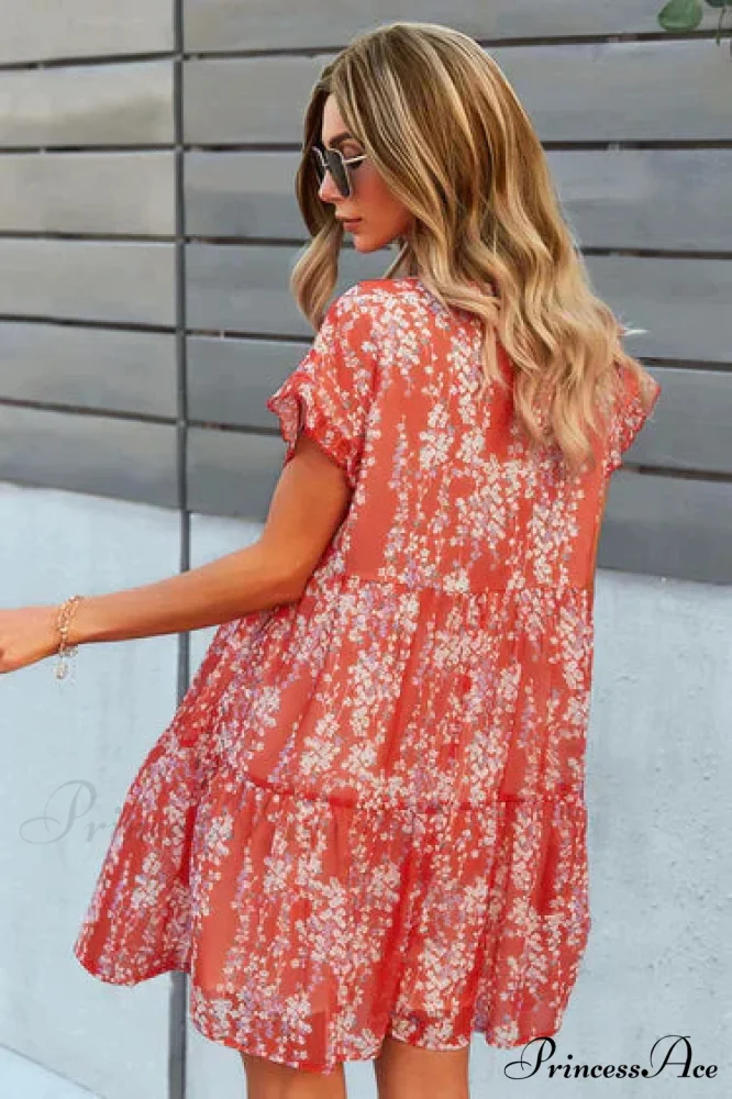 Floral A-Line Short Sleeve V-Neck Dress - Image 4