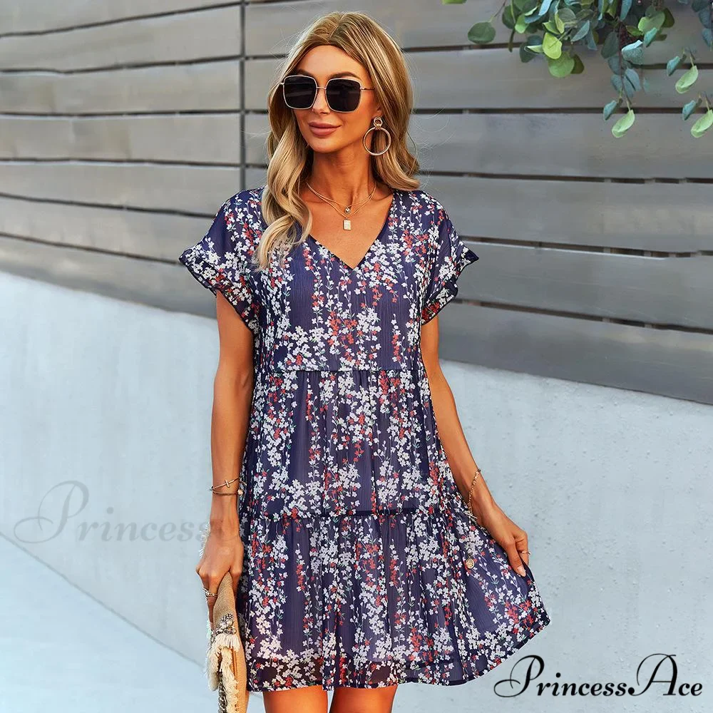 Floral A-Line Short Sleeve V-Neck Dress - Image 5