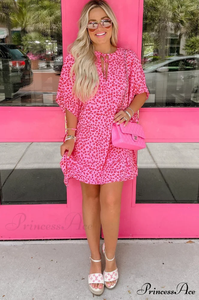 Leopard Print V-Neck Lace-Up Half-Sleeve Dress - Image 2