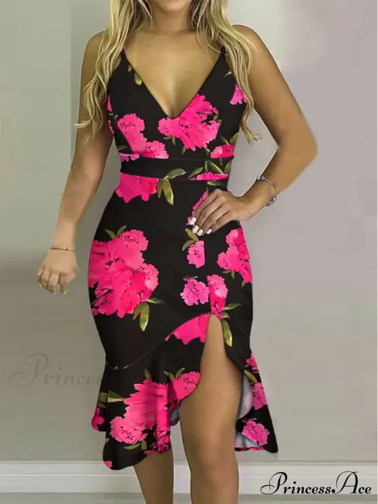Floral Bodycon Dress with V Neck Slit Spaghetti Straps and Ruffle - Image 4