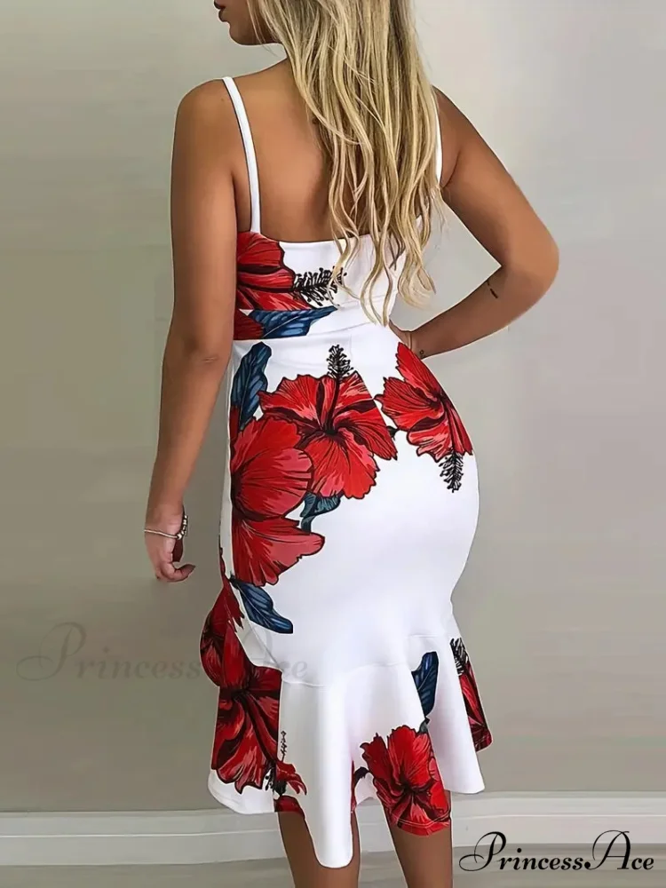 Floral Bodycon Dress with V Neck Slit Spaghetti Straps and Ruffle - Image 5