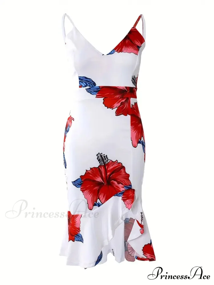 Floral Bodycon Dress with V Neck Slit Spaghetti Straps and Ruffle - Image 6