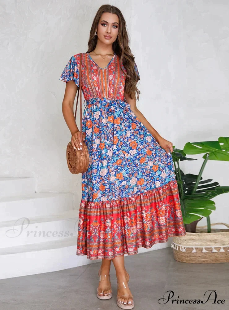 Floral Print V-Neck Lotus Leaf Sleeve Long Dress - Image 2