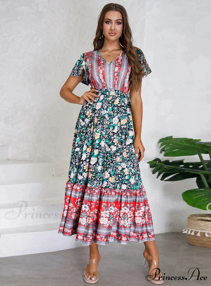 Floral Print V-Neck Lotus Leaf Sleeve Long Dress - Image 3