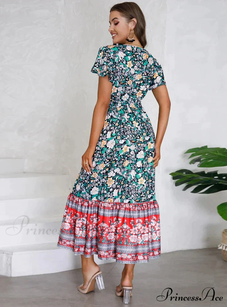 Floral Print V-Neck Lotus Leaf Sleeve Long Dress - Image 4
