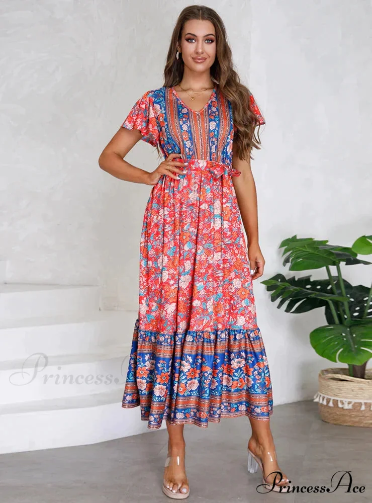 Floral Print V-Neck Lotus Leaf Sleeve Long Dress - Image 5