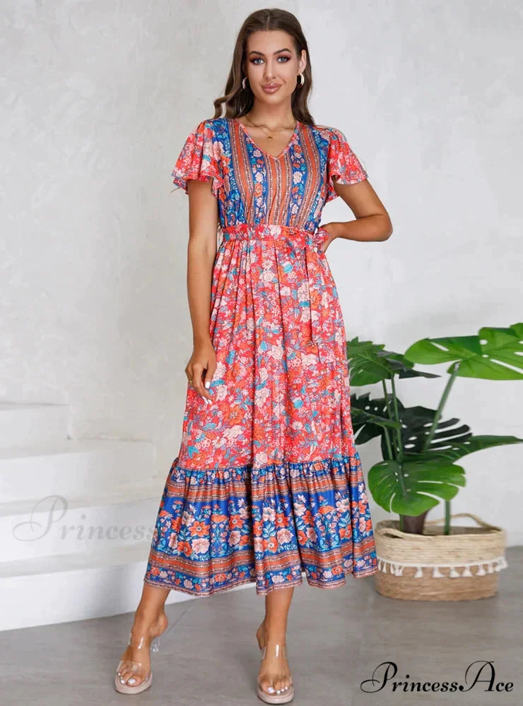 Floral Print V-Neck Lotus Leaf Sleeve Long Dress - Image 6
