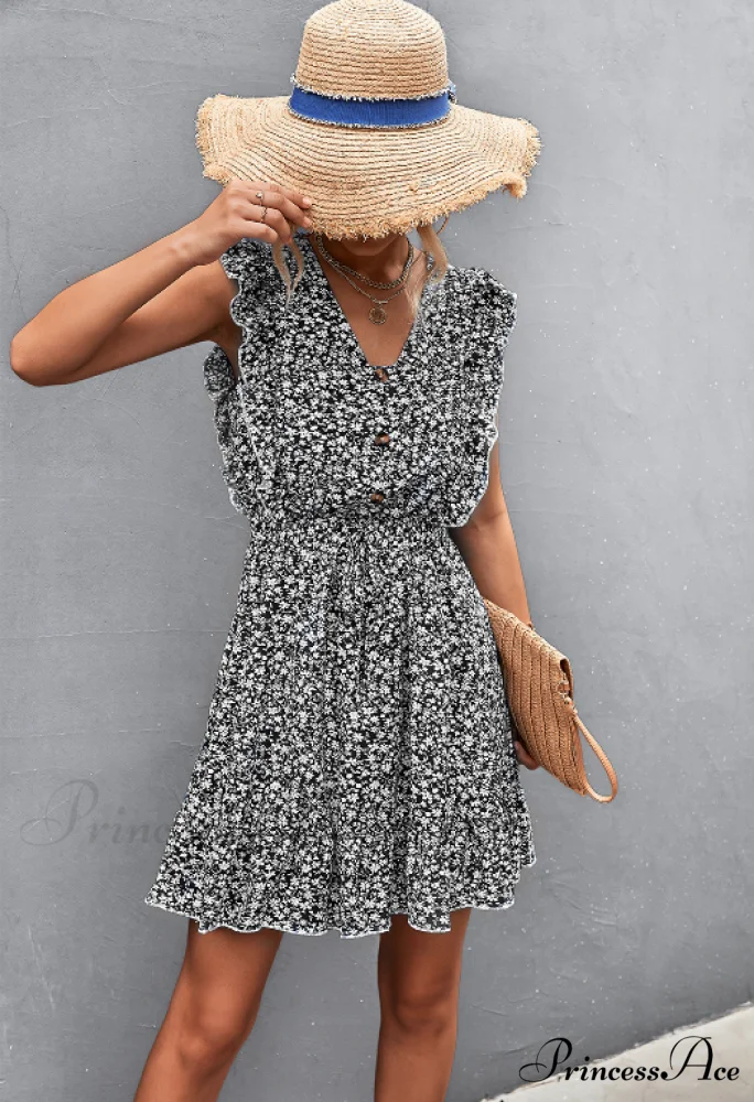 V-Neck Button Lotus Leaf Sleeve Waist Dress - Image 2