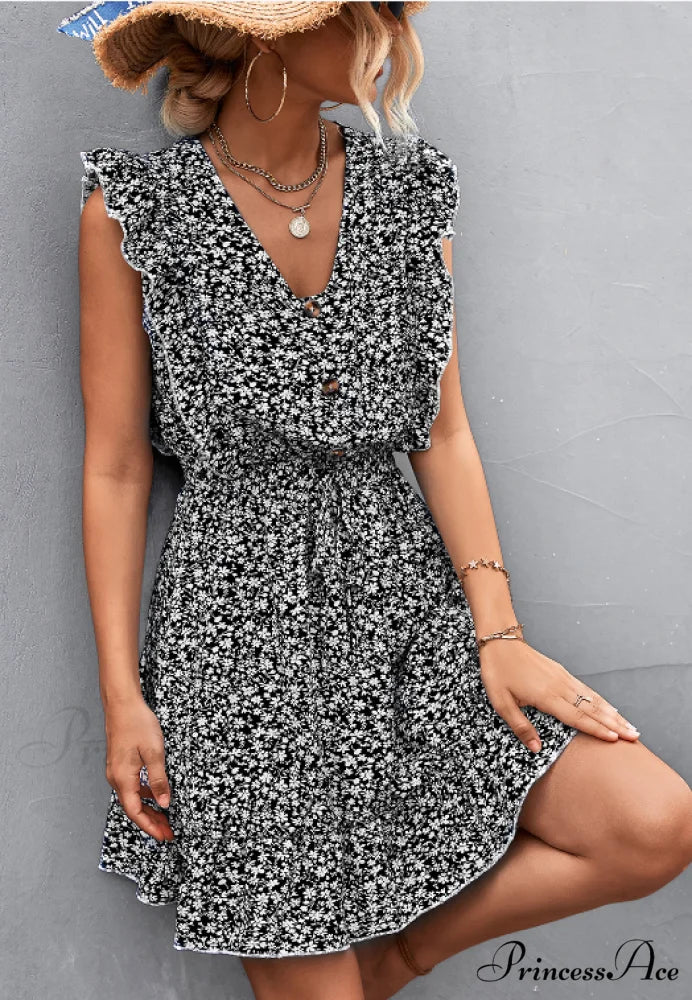 V-Neck Button Lotus Leaf Sleeve Waist Dress - Image 3