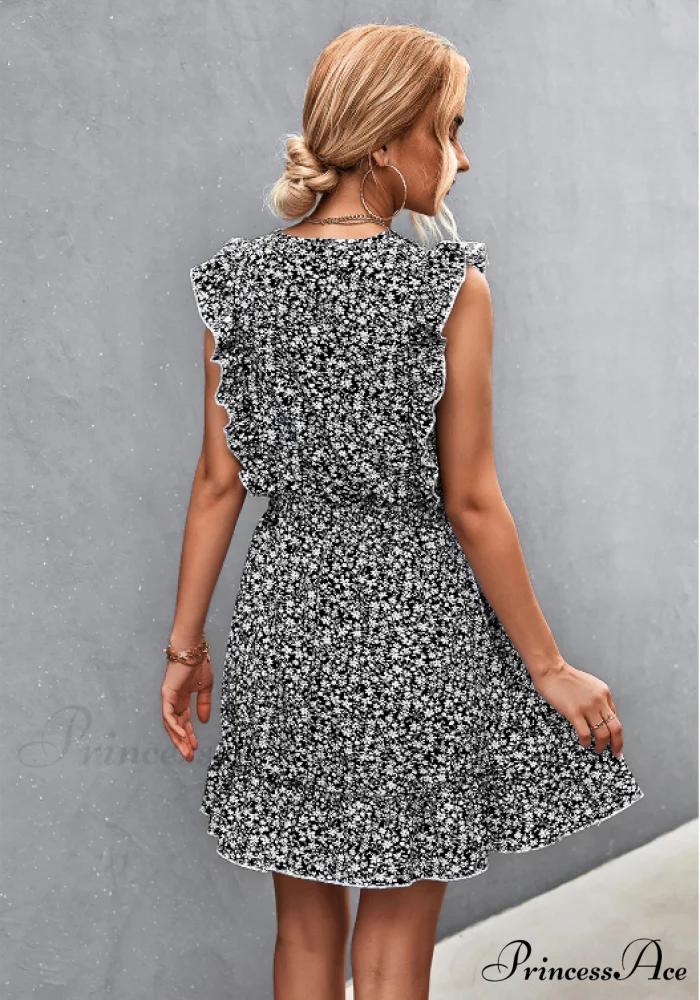 V-Neck Button Lotus Leaf Sleeve Waist Dress - Image 4
