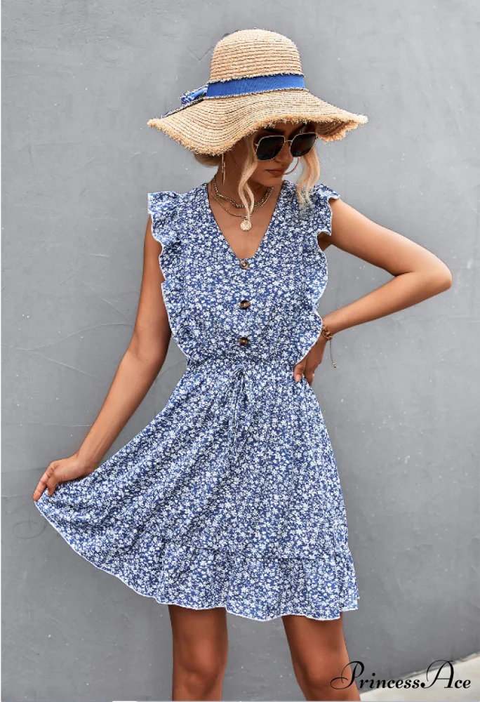 V-Neck Button Lotus Leaf Sleeve Waist Dress - Image 6