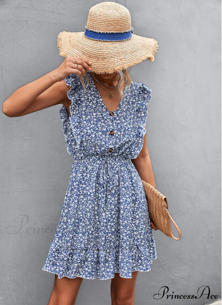 V-Neck Button Lotus Leaf Sleeve Waist Dress - Image 7