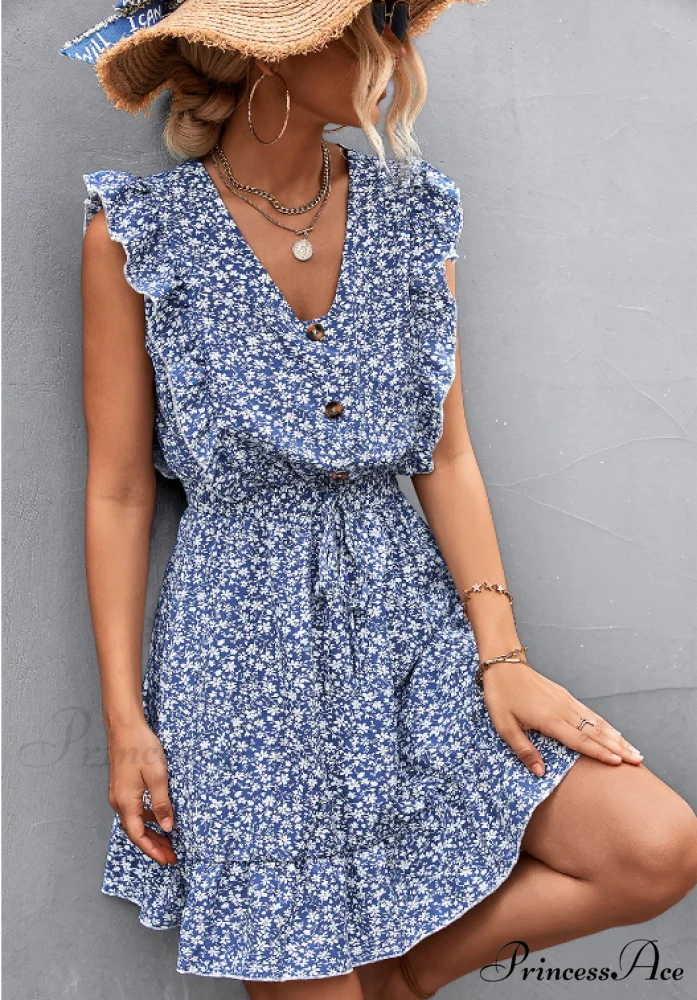 V-Neck Button Lotus Leaf Sleeve Waist Dress - Image 8