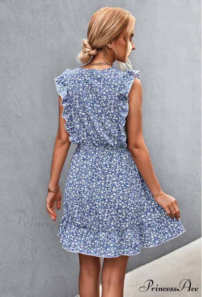 V-Neck Button Lotus Leaf Sleeve Waist Dress - Image 9