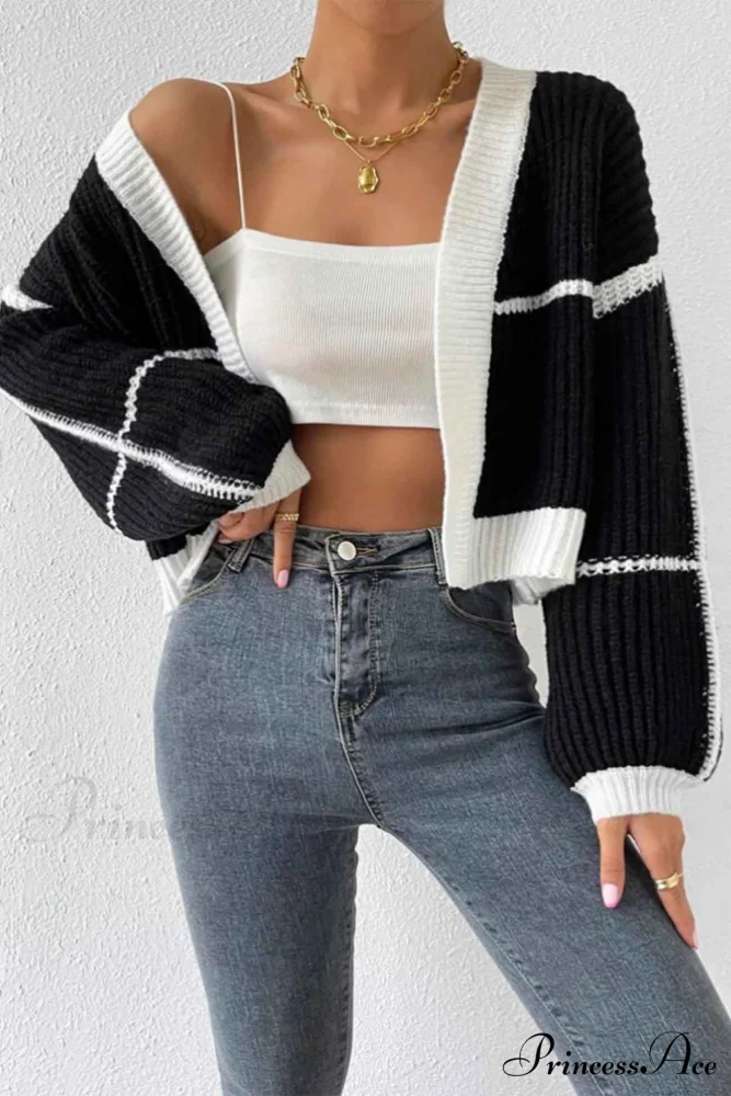 Patchwork Knit Long Sleeve Open-Front Cardigan - Image 6