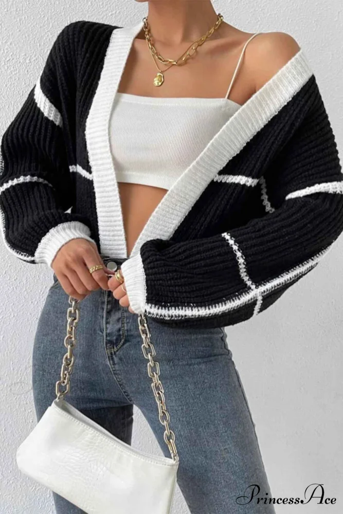 Patchwork Knit Long Sleeve Open-Front Cardigan - Image 7