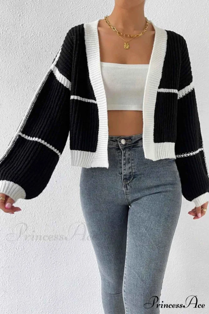 Patchwork Knit Long Sleeve Open-Front Cardigan - Image 8